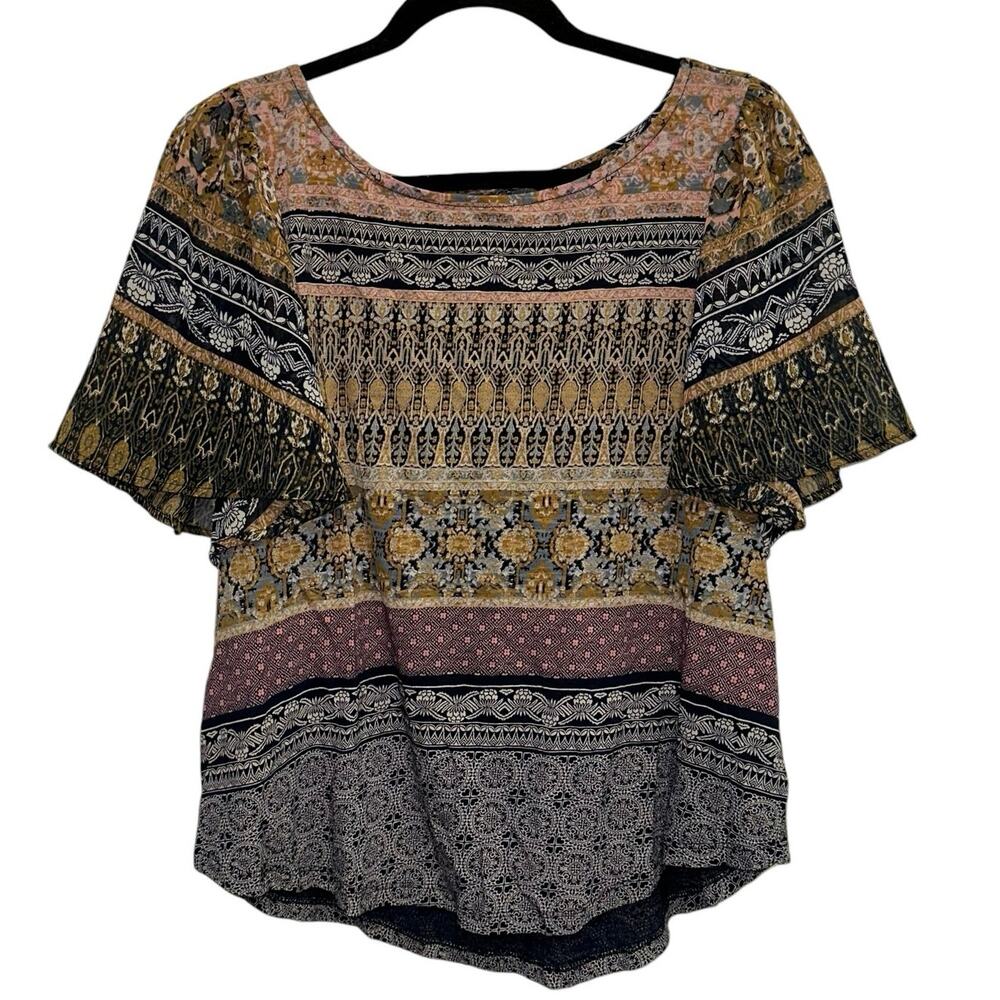 Lucky Brand Patterned Multicolored Short Sleeve Blouse